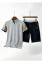 Men's & Women's Gray Judge Collar Patterned T-Shirt and Navy Blue Shorts Set - 2