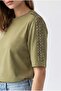 2166 Women's Stone Detailed Crew Neck Short Sleeve Blouse Olive - 2