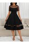 Women's Short Sleeve Crew Neck Polka Dot Tulle Detailed Midi Janjan Crepe Dress - 3