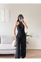 Women's Black Halter Neck Linen Jumpsuit Black - 4