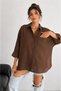 Women's Brown Cotton Oversize Fakir Long Sleeve Shirt Wide Loose Blouse with Belted Waist and Buttons - 2