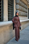 Women's Three-Brooch Detailed Hidden Buttoned Waist-Tie Suit Brown - 4
