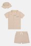 Toddlers Boy 3 Pieces Brand Logo Shirt And Shorts With Hat Set, Beige - 2