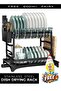 2-Tier Stainless Steel Dish Drying Rack, Kitchen Dish Drainer with Utensil, Cup & Cutting Board Holder, Rustproof Countertop Organizer, Black + Free 600ml Fairy
