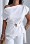 Women's Asymmetrical Cut Modal Fabric Blouse with Buckle Detail and Belt - 4