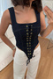 Women's Thick Straps Birds-Eye Detail Navy Blue Denim Bustier - 3