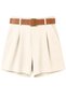 1029 Women's Linen Belted High Waist Shorts with Pockets Cream - 2