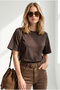 Women's Brown Waist-Fitted Draped Crop Viscose Blouse Blz-19003433 - 3