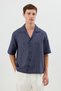 Navy Blue Linen Blend Striped Relax Fit Men's Short Sleeve Shirt - 4