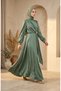 Satin Fabric Hijab Evening Dress with Brooch on the Waist 5811-03 Green - 2
