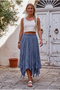 Indigo Lined Fringed Cut Elastic Waist Casual Wrinkled Long Woven Skirt 95 70 - 4