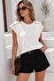 Women's Ecru Cotton Modal Crew Neck T-Shirt - Short Sleeve Blouse with Accessory Detail - 3