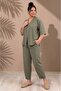 Women's Plus Size V-Neck Single Button Three-Quarter Sleeve Lower Waist Elastic Lace-Up Pocketed Slim-Fit Lyocell 2-Piece Woven Set - 2