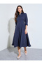 Navy Blue Striped Shirt Midi Dress - 3