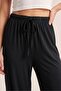 Women's Black Elastic Waist Lace up Wide Leg Pants - 2