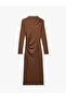 Long Sleeve High Neckline Draped Detail Slim Fit Midi Length Pencil Dress - 5