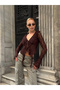 Women's Brown V-Neck Front Lace-Up Ruffle Transparent Lace Crop Blouse Cardigan Bell Sleeve - 4