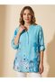 Women's Italian 100% Linen Patterned Shirt Blouse - Three Quarter Foldable Sleeves, Dominant Collar, Loose Tunic Shirt