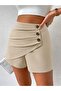 Women's High Waist Front Pleated and Buttoned Short Imported Crepe Shorts - 2