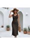 100% Cotton Leaf Pattern Long Knitwear Beach Dress with Elastic Waist - 2