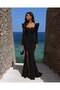 Black Square Neck Flounce Sleeves Belted Slit Maxi Evening Dress 582750 - 3