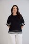 Women's Black and White O-Neck Stripe Detailed Turvukar Sleeve Stylish Combed Cotton Tshirt - 3
