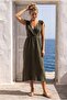 Khaki Double-Breasted Collar Sleeveless Robe with Elastic Shoulder Gathering Casual Muslin Long Woven Dress 120 52 - 3