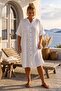 White High Collar Short Sleeve Buttoned Hidden Pocket Embroidered Casual Woven Dress 105 75 - 7
