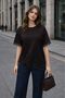 Women's Coffee Lace Asymmetrical Hem Short Sleeve Crew Neck Single Jersey T-Shirt