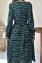 Women's Green Midi Dress Round Neck Long Sleeve Patterned Gathered Flared - 6