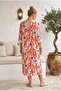 Orange-White Hooded Long Sleeve Buttoned Hidden Pocket Slit Casual Viscose Woven Dress 120 60 - 6