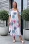 Italian White-Beige Pool Collar Short Sleeve Flared Cut Printed Casual Viscose Long Woven Dress 120 62 - 7