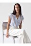 Lcw Everyday White V-Neck Striped Lace-Up Blouse