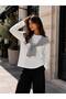 Women's White Striped Shawl Collar Detailed Oversize Long Sleeve T-Shirt 100% Cotton - 3