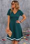 Women's Short Sleeve V-Neck Midi Janjan Crepe Dress with Striped Hem - 2