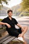 Men's Waffle Fabric Short Sleeve Shirt Shorts Set Regular Fit Summer Two-Piece Set - Black - 3