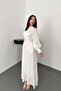 Women's Ecru Long Dress with Stand Collar, Belted, Balloon Sleeves, Textured Lining - 2