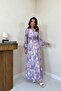 Women's Lilac Chiffon Floral Patterned Gipeli Waisted Double Breasted Collar Maxi Dress - 3