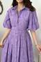 Women's Lilac Midi Shirt Collar Balloon Sleeve Belted Pleated Cotton Dress - 4