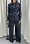 Women's Black Garnished Pocketed Belted Shirt Pants Set Wide Leg - 6