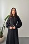 Women's Black Long Dress with High Collar, Belt, Balloon Sleeves and Textured Lining - 3