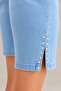 Women's Plus Size Light Blue Lycra Stone Detailed Tencel Denim Capri Bermuda Trousers - 5