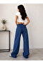 Dark Blue Back Belt Leather Pocket Embroidered Wide-Leg Denim/Jeans Pants - 2