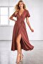 Women's short sleeve double-breasted collar waist belted slit midi viscose dress - 3