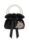 Black Cotton Satin Bag, with Crystal Glass Stone Decorations, Double Row Pearl Handle, Black Satin, Foldable, for Daily Use / Evening Wear - 2