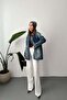 Women's Blue Denim Jacket Vintage Washed Buttoned Pocketed Long Sleeve Denim - 3