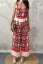 Women's Beige Top and Bottom Set with Ethnic Pattern, Straps, Square Collar, Contrast Waist Detail, Palazzo - 4