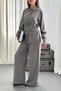 Women's Gray Double Suit Shirt Collar Belted Wide Leg Straight Woven Long Sleeve - 4