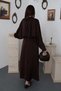 Women's Brown Jacquard Satin Dress High Neck Bat Sleeve Elastic Waist Maxi - 5