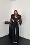 Women's Black High Waist Wide Leg Trousers with Pleated Chiffon Panels on the Sides